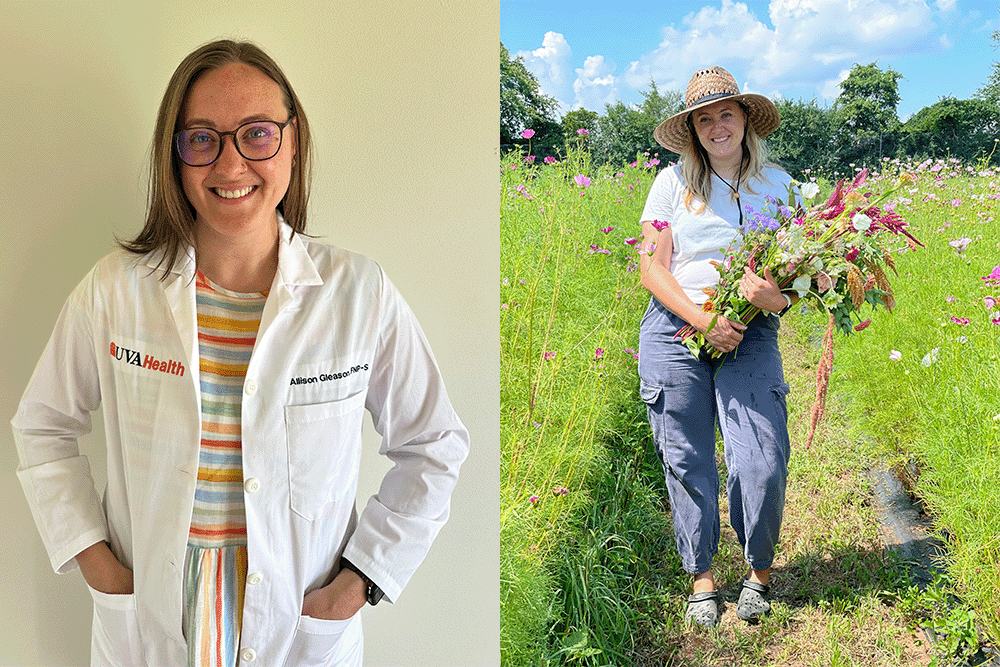 Allison Gleason, FNP student, in her UVA Health white coat and in her flower garden