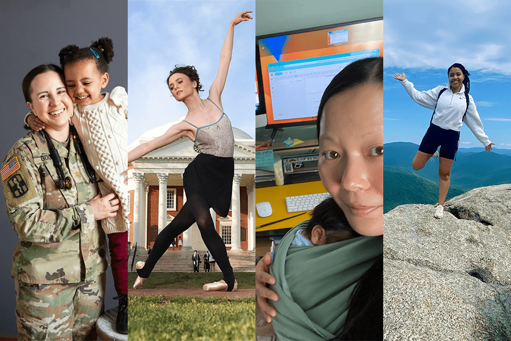 a military nurse with daughter, a ballerina nurse, a nurse on computer with baby, a nurse hiking