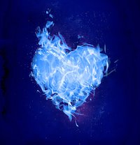 Blue and white variegated and disintegrating heart shape against a royal blue background.